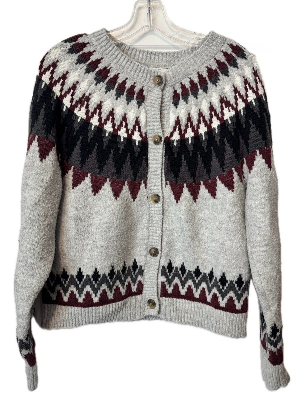 Lucky Brand Fair Isle Cardigan Sweater Gray Burgundy M